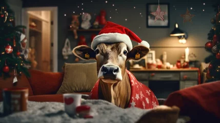 Foto auf Leinwand cow wearing a christmas hat in a living room © d-AI-n