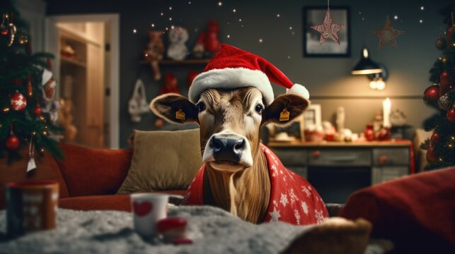 cow wearing a christmas hat in a living room