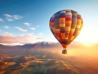 Fototapeta premium A hot air balloon floats above the ground in front of a blue sky background