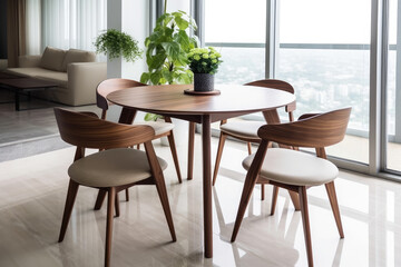 A set of tables and chairs in a bright dining room
