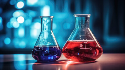 Some reagent bottles are placed on the laboratory table