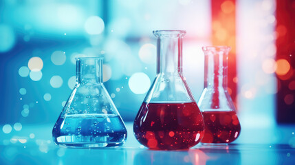 Some reagent bottles are placed on the laboratory table