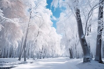 Beautiful winter landscape with frozen river and forest. Panorama. Frozen winter landscape with snow covered trees and lake.