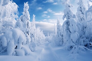 Beautiful winter landscape with frozen river and forest. Panorama. Frozen winter landscape with snow covered trees and lake.