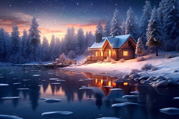 Fototapeta premium Beautiful winter landscape with snow covered trees and wooden house on lake. Winter landscape with wooden house on the bank of the river at night.