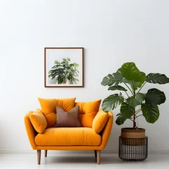 Fotobehang Cute squash Orange Color loveseat sofa or snuggle chair and one smal pot with Alocasia branch, Interior design of modern living room with white wall with copy space © Goodhim