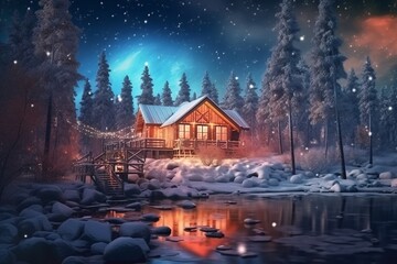 Fototapeta premium Beautiful winter landscape with snow covered trees and wooden house on lake. Winter landscape with wooden house on the bank of the river at night.
