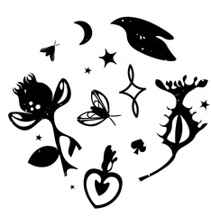 Set of elements for your design with hand drawn graphic ink whimsical shapes.  Fantasy flowers, plants, moon, stars, moths, heart, black bird.
