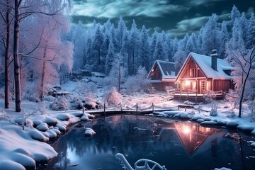 Beautiful winter landscape with snow covered trees and wooden house on lake. Winter landscape with wooden house on the bank of the river at night.