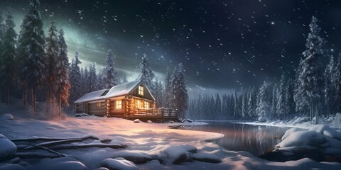 Beautiful winter landscape with snow covered trees and wooden house on lake. Winter landscape with wooden house on the bank of the river at night.