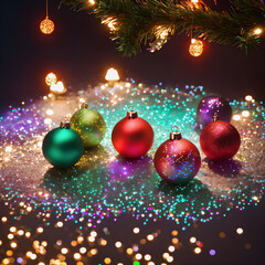 Obraz na płótnie Canvas Image of colorful christmas baubles on a glittered and illuminated surface
