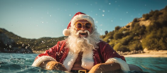 Santa Claus enjoying a fun summer vacation at the beach wearing sunglasses and flippers with a high quality photo to capture the moment - obrazy, fototapety, plakaty