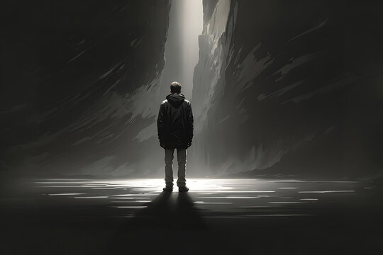 Isolated man standing in the dark cave and looking into the void. Concept of loneliness in modern world, freedom. Black and white image. AI generated.