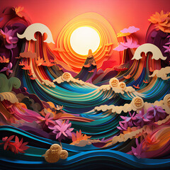 Vibrant Hues: 3D Paper Art Displaying Wave Scenery