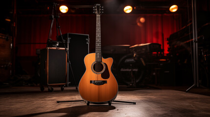 an acoustic guitar is seen on a stage, in the style of studio photography, poetcore, dark orange...