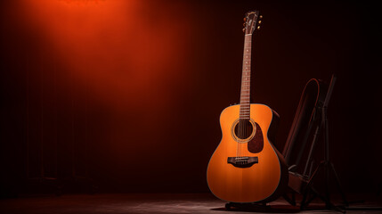 an acoustic guitar is seen on a stage, in the style of studio photography, poetcore, dark orange and dark beige - obrazy, fototapety, plakaty