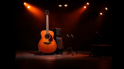 Fototapeta na wymiar an acoustic guitar is seen on a stage, in the style of studio photography, poetcore, dark orange and dark beige