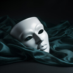white theatrical mask on a dark background, in the style of dark teal and dark green