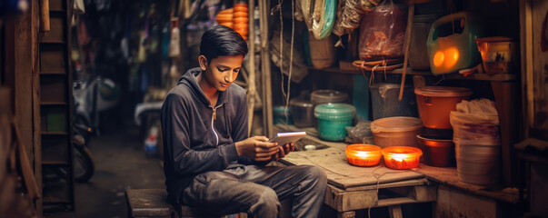 Indian or Pakistani or Mexican Hispanic little boy holding his mobile phone watching or messaging social media for online internet coverage in poor and worldwide areas as wide banner poster - obrazy, fototapety, plakaty