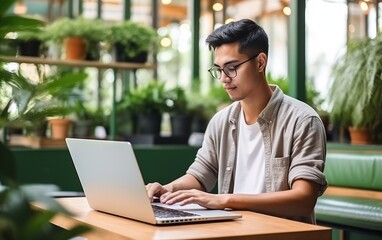 Young student man studying with laptop in the school library, learning online
