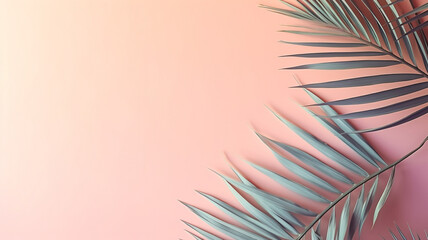 Soft pink background with palm leaves with blank space for text or object insertion.