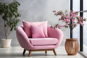 Cute punch pink Color loveseat sofa or snuggle chair and one pot with homcom plant branch
