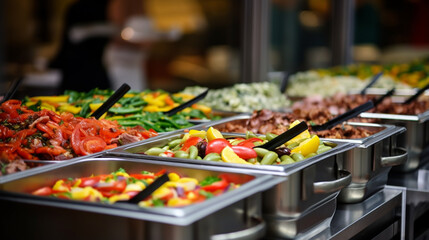 Obraz premium catering buffet food indoor in restaurant with meat colorful fruits and vegetables. generative ai