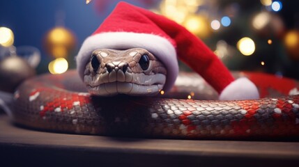 snake wearing a christmas hat surrounded by christmas decorations 