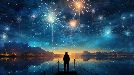 Fototapeta na wymiar Image of a man standing with his back against the background of the night sky with fireworks. Generative AI