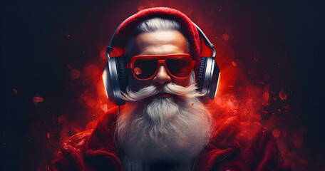 Santa Claus DJ, musical headphones, musical clause, Santa portrait, Sterile Santa Claus looks into...