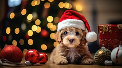 Little poddle wearing a christmas hat surrounded by christmas decorations 