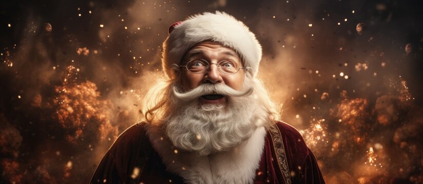 Surprised Santa Claus connects lights amid smoke