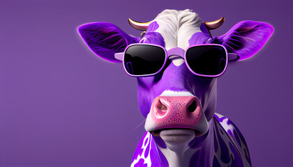 Cute Cartoon Cow wearing Purple Sunglasses on a Purple Background