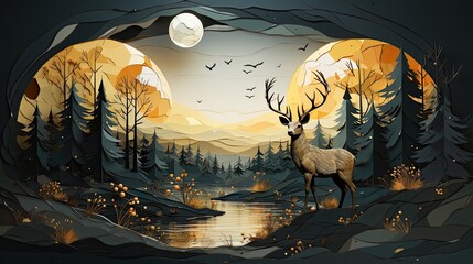3d abstraction modern and creative interior mural wall art wallpaper with dark green and golden forest trees, deer animal wildlife with birds, golden moon and waves mountains