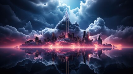 3d rendering, abstract futuristic background with neon geometric shape and stormy cloud on night sky