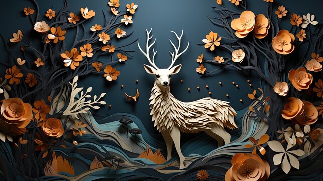 3d abstraction modern and creative interior mural wall art wallpaper with dark green and golden forest trees, deer animal wildlife with birds, golden moon and waves mountains
