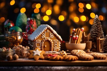 Obraz premium Christmas gingerbread houses on wooden table with bokeh background.. Pastries in the form of houses. Festive scene with holiday pastries. Christmas and New Year background. 