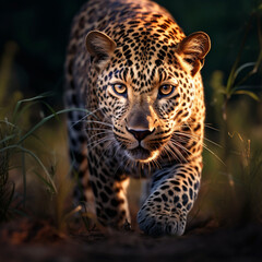 Fondo con detalle de leopardo caminando entre paisaje natural