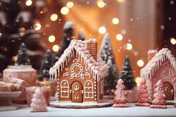 Christmas gingerbread houses on wooden table with bokeh background.. Pastries in the form of houses. Festive scene with holiday pastries. Christmas and New Year background.
