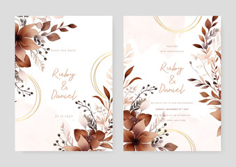 Brown cosmos luxury wedding invitation with golden line art flower and botanical leaves, shapes, watercolor