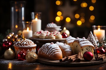 Obraz premium Christmas cookies on a wooden table with candles in the background. Selective focus. Holiday.