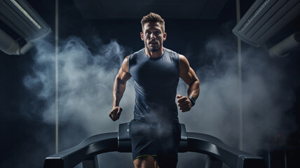 Fototapeta na wymiar Athletic man running on treadmill in gym. Generative AI 