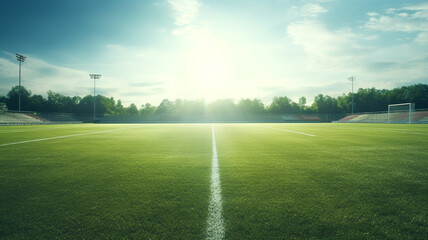 Big green football field, bright elephant light, blue sky. Generative AI