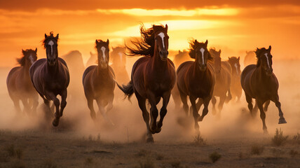Fototapeta premium beautiful wild horses running in the field at sunset