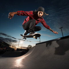 Fotografia con detalle de joven realizando acrobacia con un skate, en una pista urbana