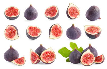 Set with whole and cut figs on white background
