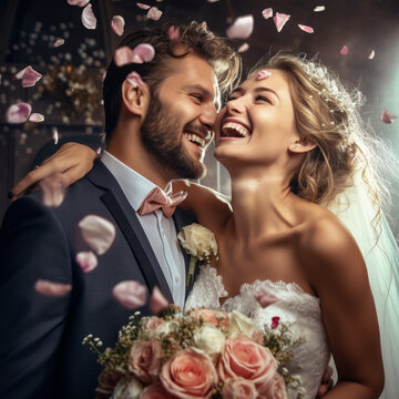 Fotografia con detalle de pareja de recien casados alegres y sonrientes en su dia de boda