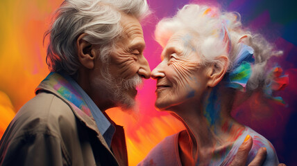 In love with a couple of elderly people, embracing each other, shrouded in colored smoke. Generative AI 
