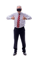 Old businessman wearing virtual glasses isolated on white