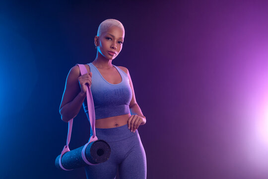 Download cover for music collection for yoga classes. Yoga asana Indoor. Sports recreation. Beautiful black young woman. Individual sports.